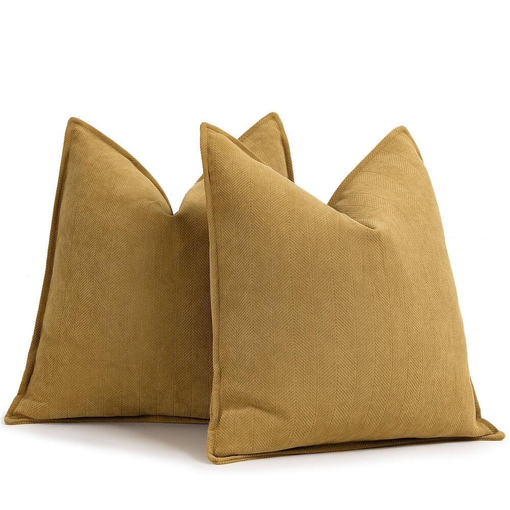 Set of 2, 22x22 Inch, Chenille Throw Pillow Covers (Dark Mustard Yellow)